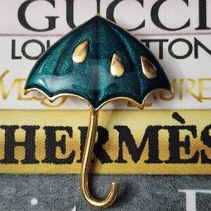 Vintage Teal And Gold Umbrella Brooch